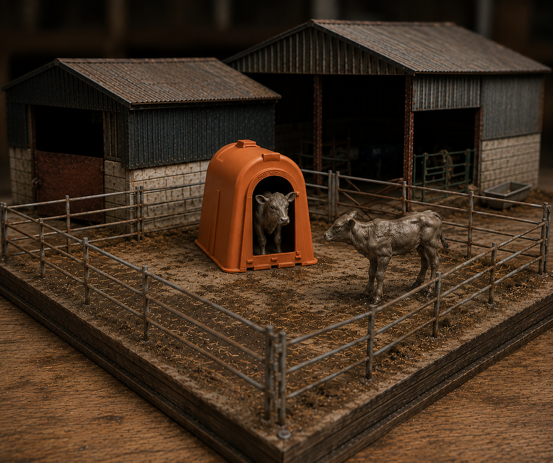 Model of a farm scene with a cow inside an orange shelter and another cow standing outside.