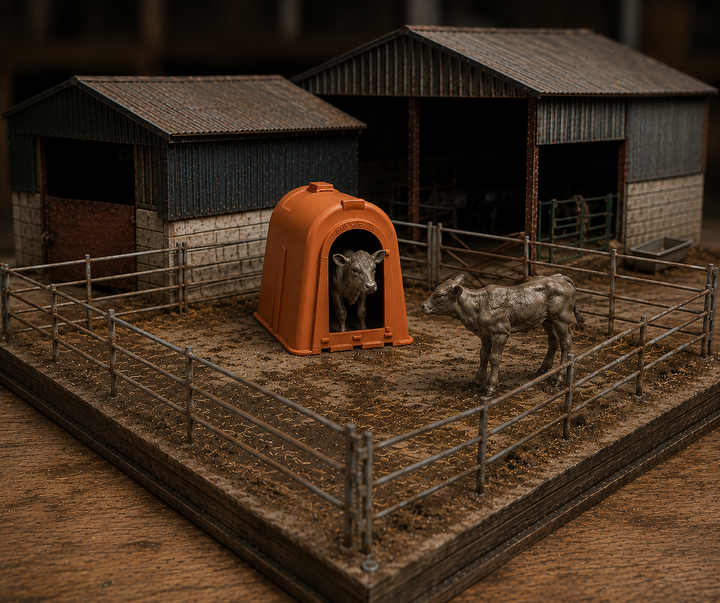 Model of a farm scene with a cow inside an orange shelter and another cow standing outside.