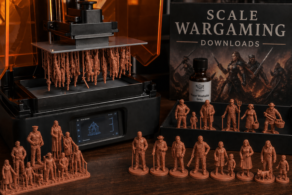 3D printer with printed figurines and a collection of miniature figures on a wooden surface.