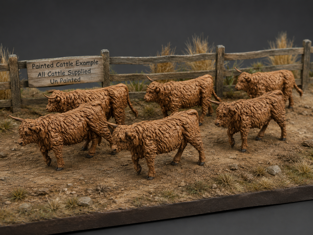 Model of painted Highland cattle in a fenced area with a sign indicating painted vs. unpainted cattle.