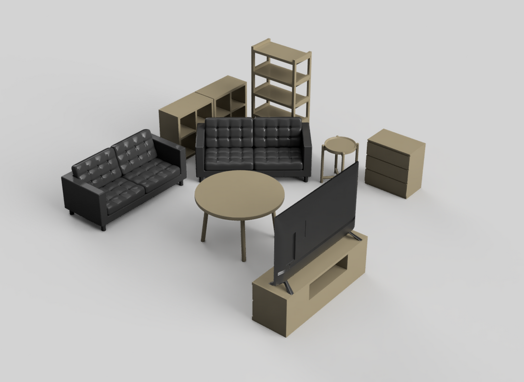 Miniature furniture set including a sofa, coffee table, and bookshelf on a light gray background