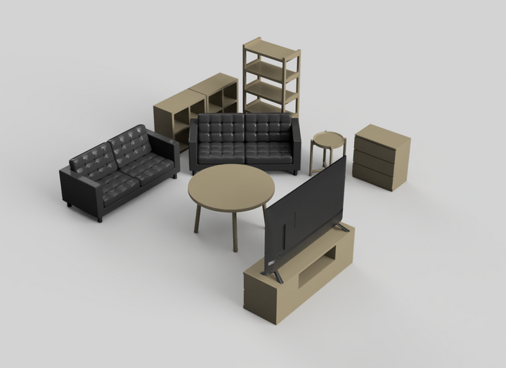 Miniature furniture set including a sofa, coffee table, and bookshelf on a light gray background