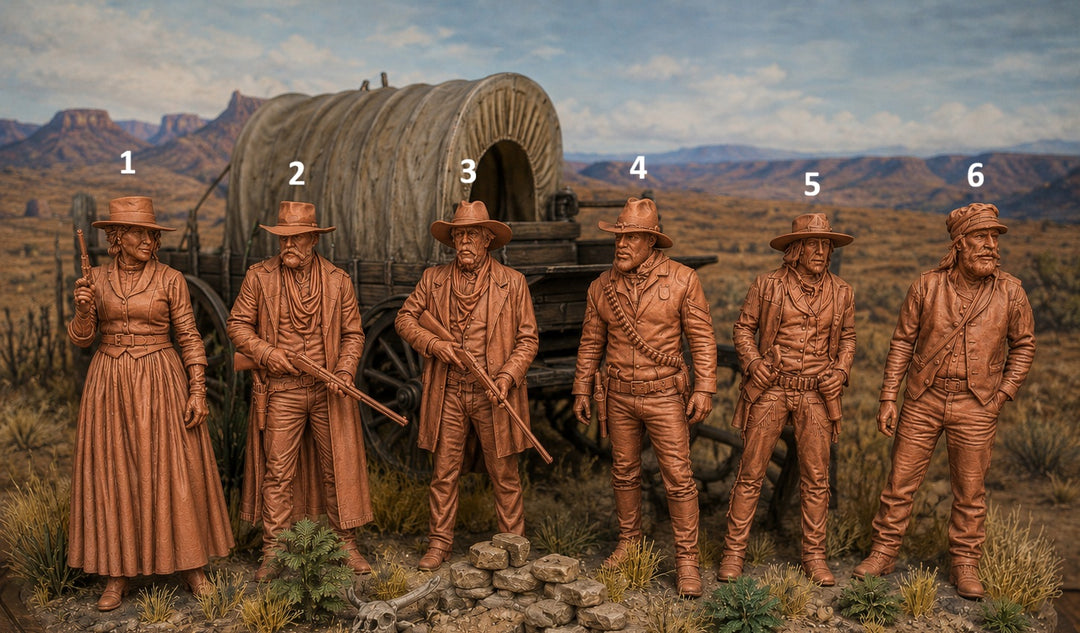 Set of six Western-themed figurines in front of a covered wagon with a desert landscape in the background.