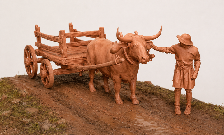 SWM200 Medieval Ox Cart Empty and Farmer