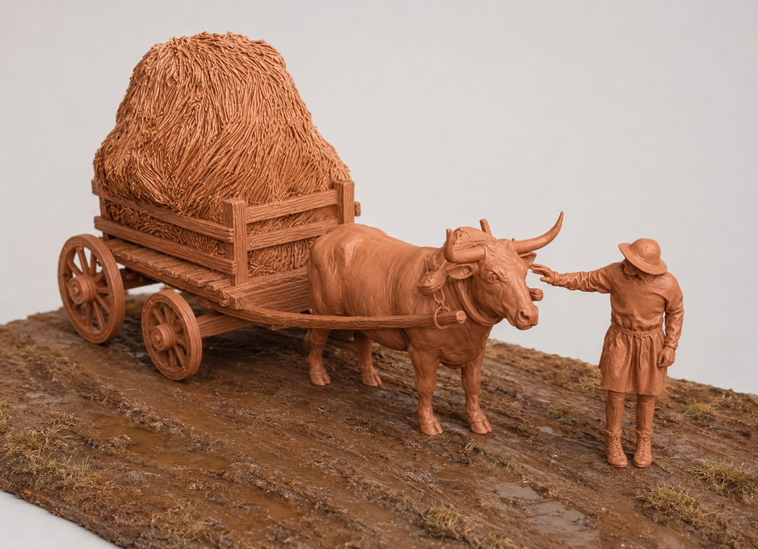 SWM200 Medieval Ox Cart With Hay and Farmer