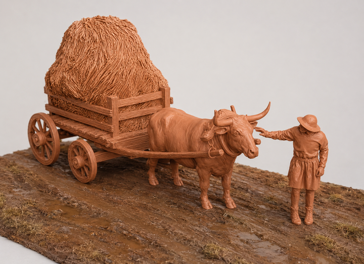 SWM200 Medieval Ox Cart With Hay and Farmer