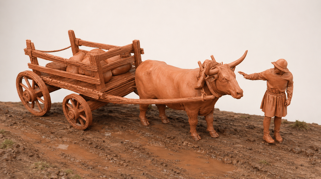 SWM200 Medieval Ox Cart With Sacks and Farmer
