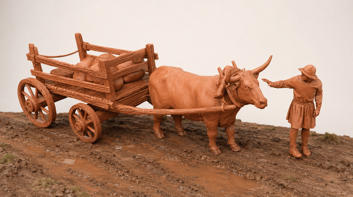 SWM200 Medieval Ox Cart With Sacks and Farmer