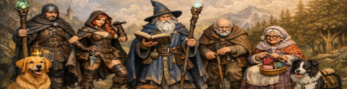 Group of fantasy characters with dogs in a scenic outdoor setting