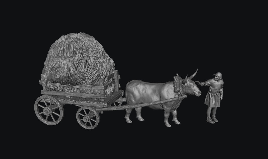 SWM200 Medieval Ox Cart With Hay and Farmer