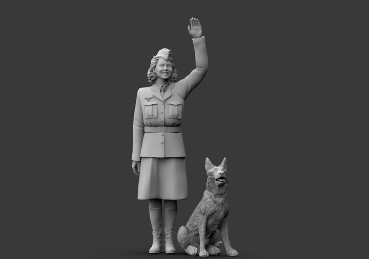 3D model of a woman in uniform with a dog on a gray background