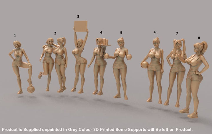 Set of eight female figure sculptures in various poses on a gray background