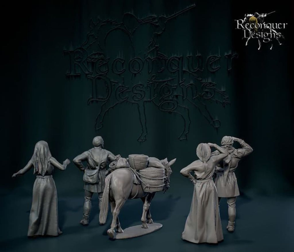 REM0175 Civilians Suddenly Aware and Pack Mule Medieval Figure