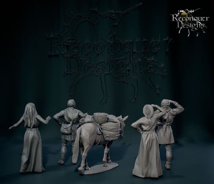 REM0175 Civilians Suddenly Aware and Pack Mule Medieval Figure