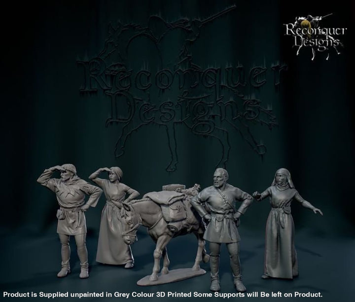 REM0175 Civilians Suddenly Aware and Pack Mule Medieval Figure