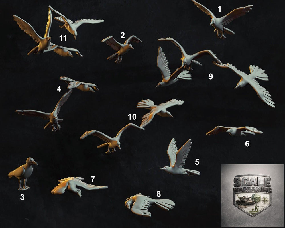 Model birds on a dark background with numbers and 'Scale wargaming' logo.