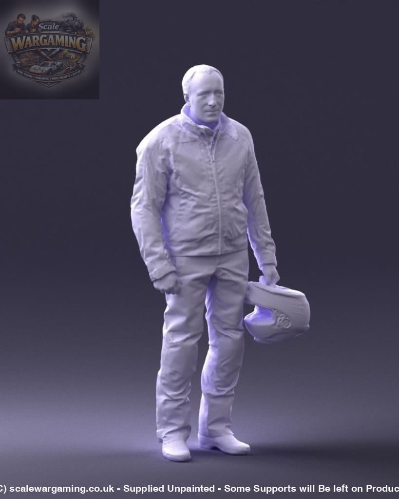 Pensioner Motorcyclist In Leathers And Holding Helmet Figure