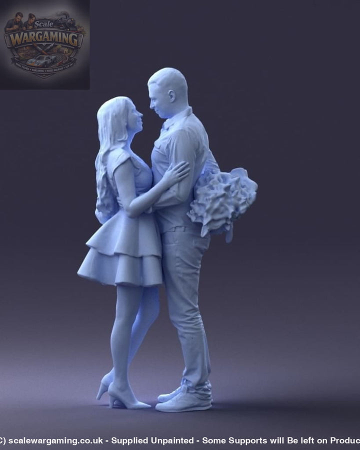 Young Couple Man Holding Flowers Behind Back Figure