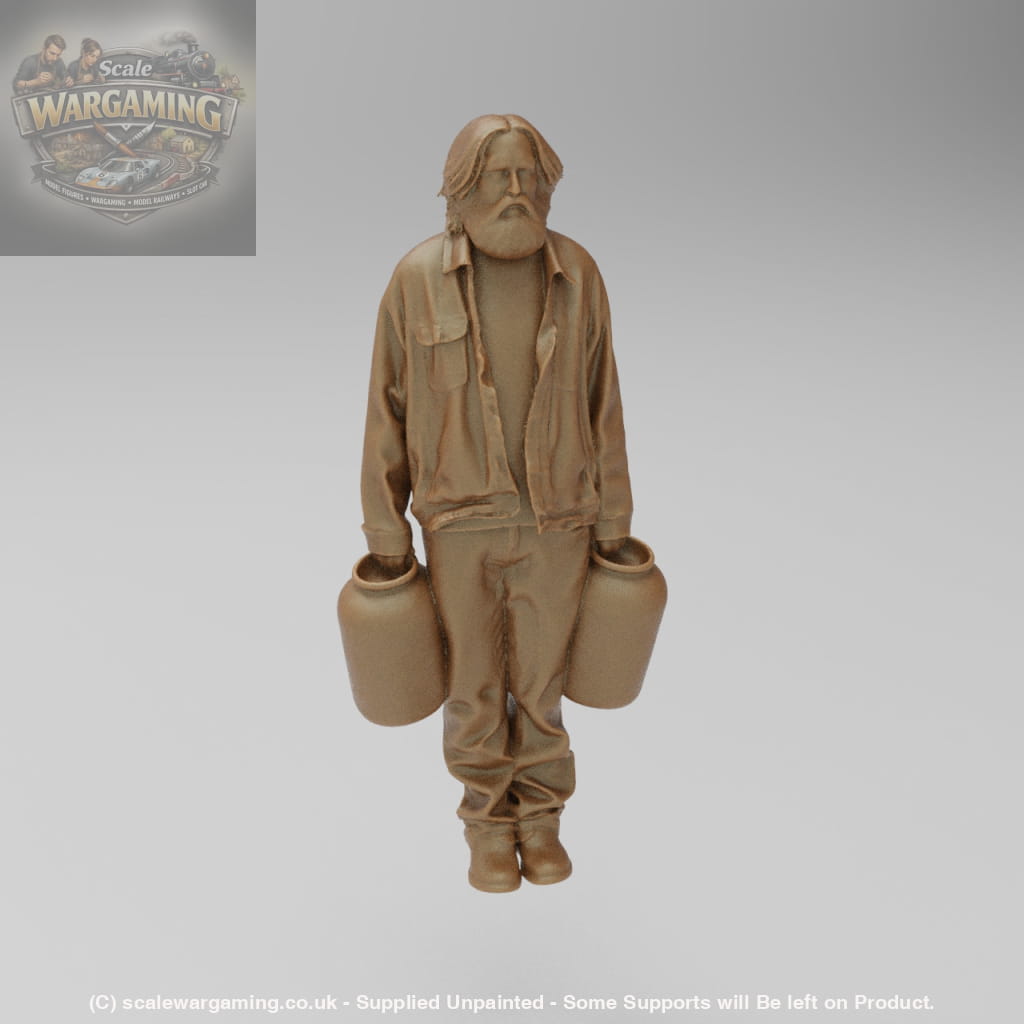 Brown ceramic figure of a person holding two pots on a gray background