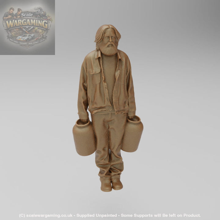Brown ceramic figure of a person holding two pots on a gray background